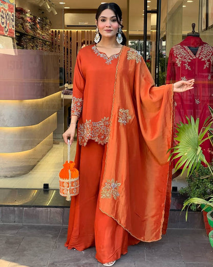 Orange Designer Faux Georgette Embroidery Palazzo Top and Dupatta