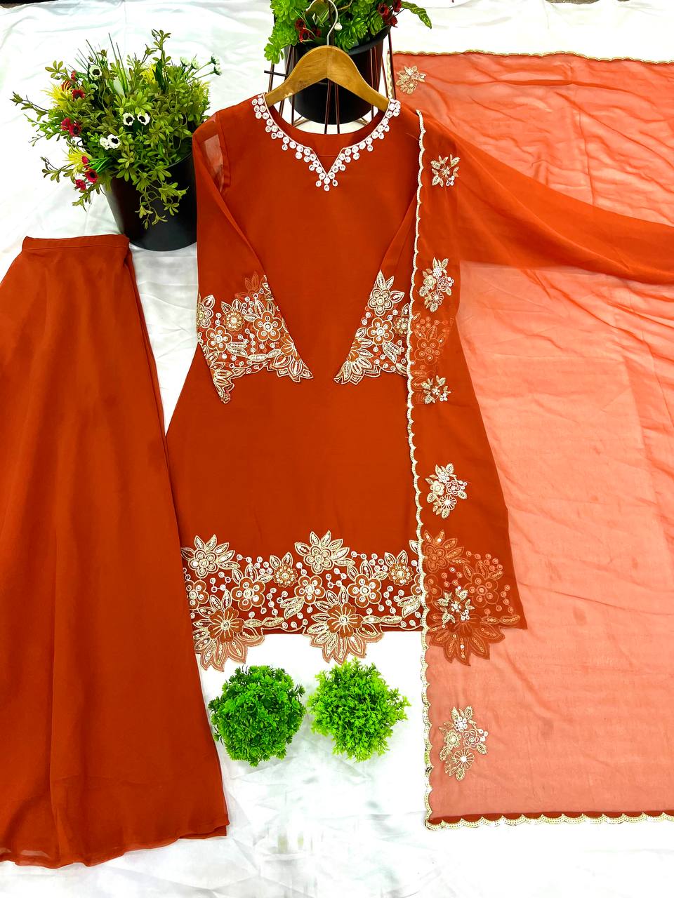 Orange Designer Faux Georgette Embroidery Palazzo Top and Dupatta