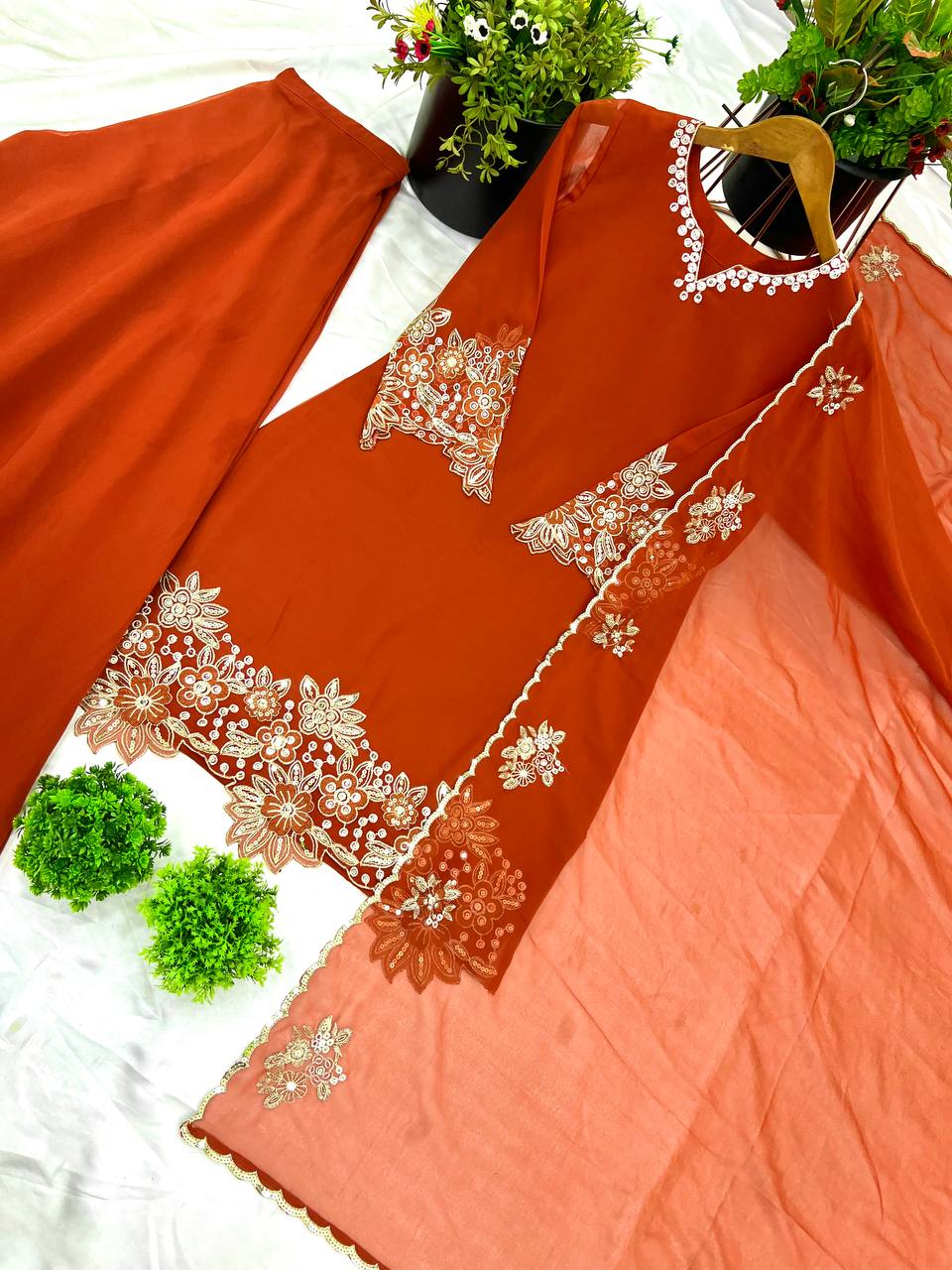 Orange Designer Faux Georgette Embroidery Palazzo Top and Dupatta