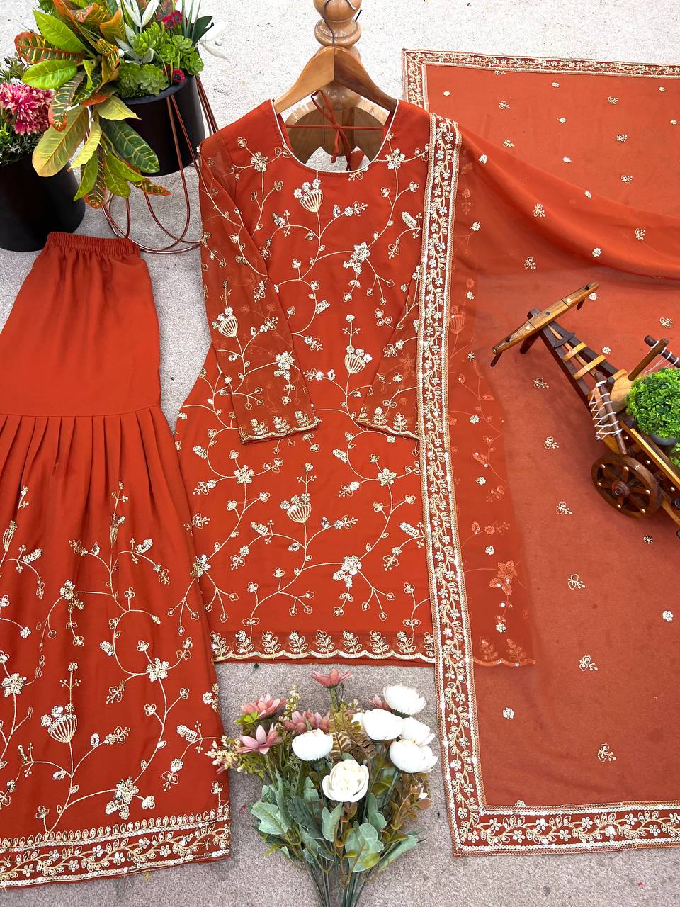 Orange Designer Faux Georgette Sharara Suit and Dupatta For Party Wear