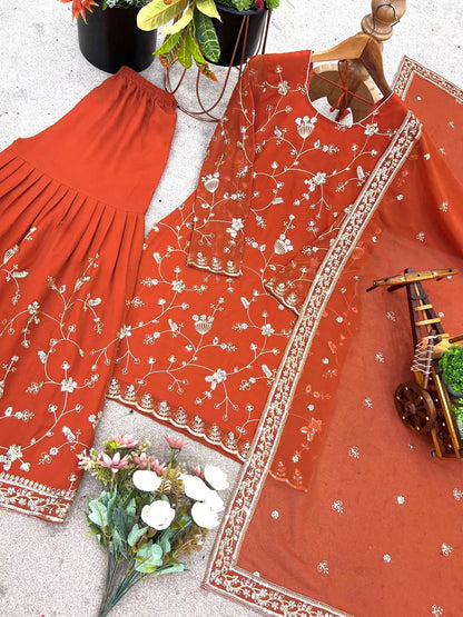 Orange Designer Faux Georgette Sharara Suit and Dupatta For Party Wear