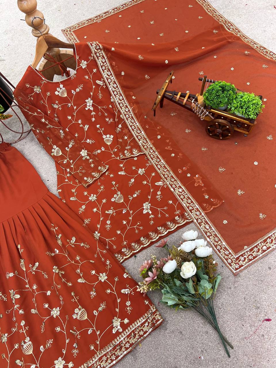 Orange Designer Faux Georgette Sharara Suit and Dupatta For Party Wear