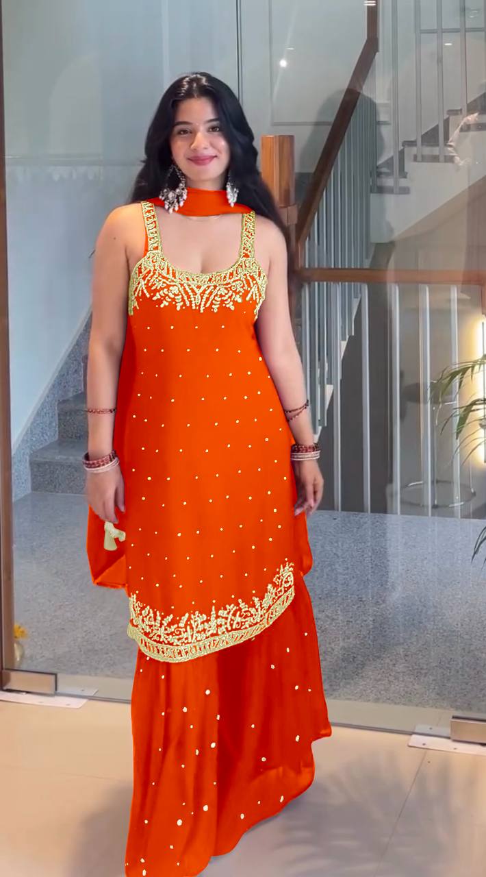 Orange Designer Heavy Faux Georgette Plazzo Top and Dupatta