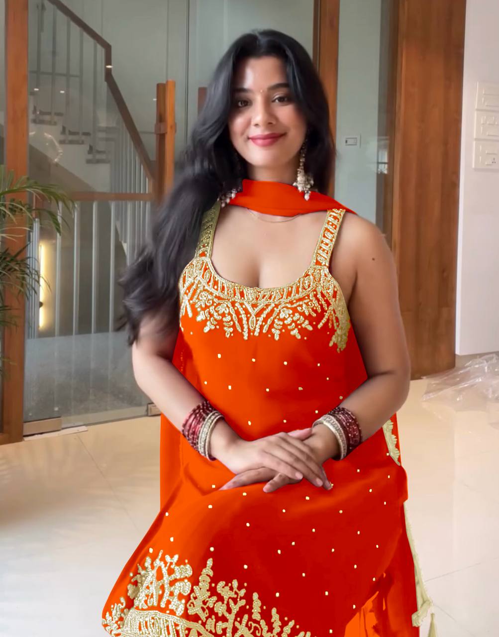 Orange Designer Heavy Faux Georgette Plazzo Top and Dupatta