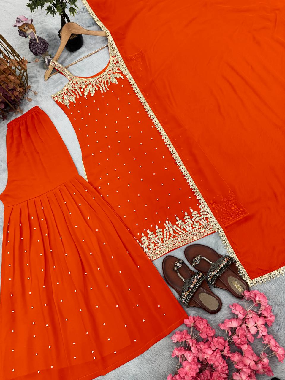 Orange Designer Heavy Faux Georgette Plazzo Top and Dupatta