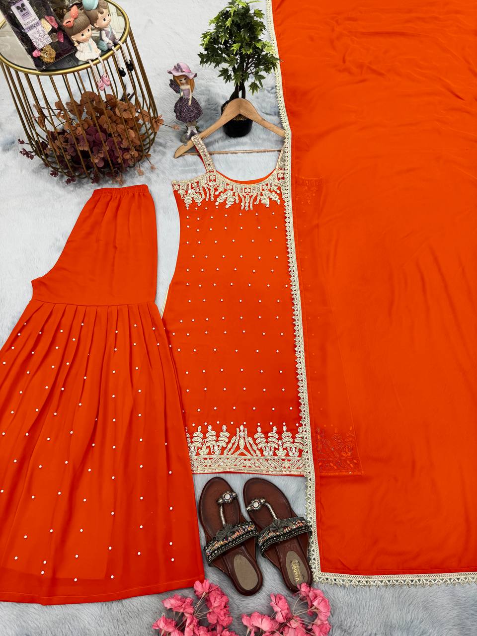 Orange Designer Heavy Faux Georgette Plazzo Top and Dupatta