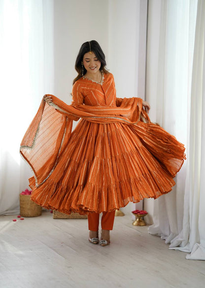 Orange Designer Mal Chanderi Mirror Work Ruffle Gown and Dupatta