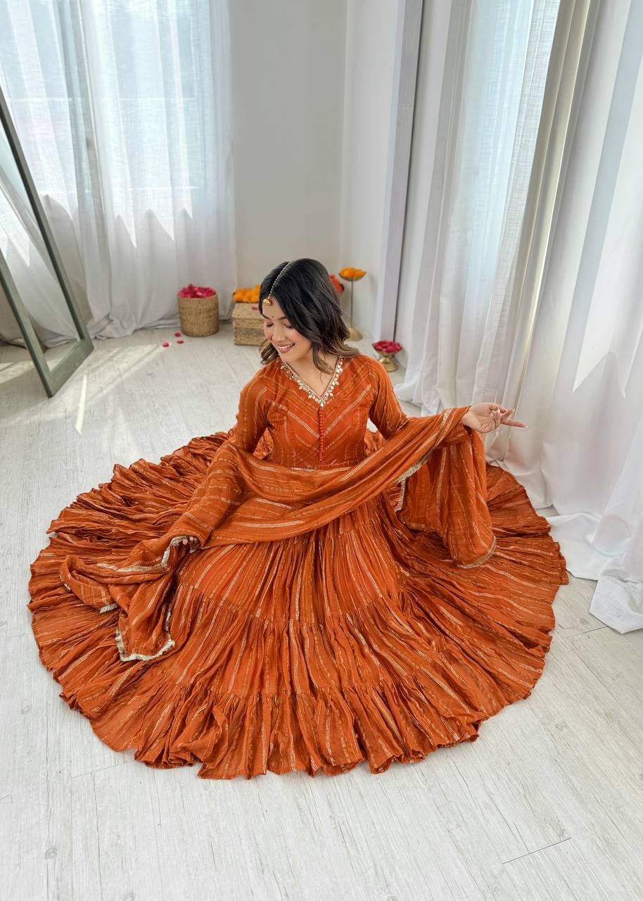 Orange Designer Mal Chanderi Mirror Work Ruffle Gown and Dupatta