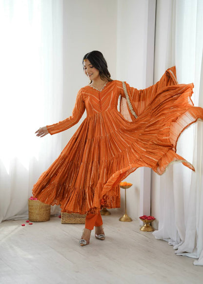 Orange Designer Mal Chanderi Mirror Work Ruffle Gown and Dupatta