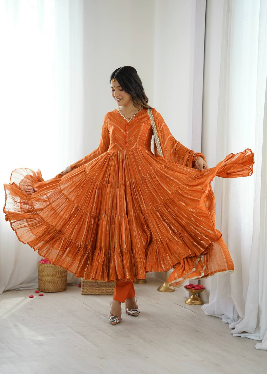 Orange Designer Mal Chanderi Mirror Work Ruffle Gown and Dupatta
