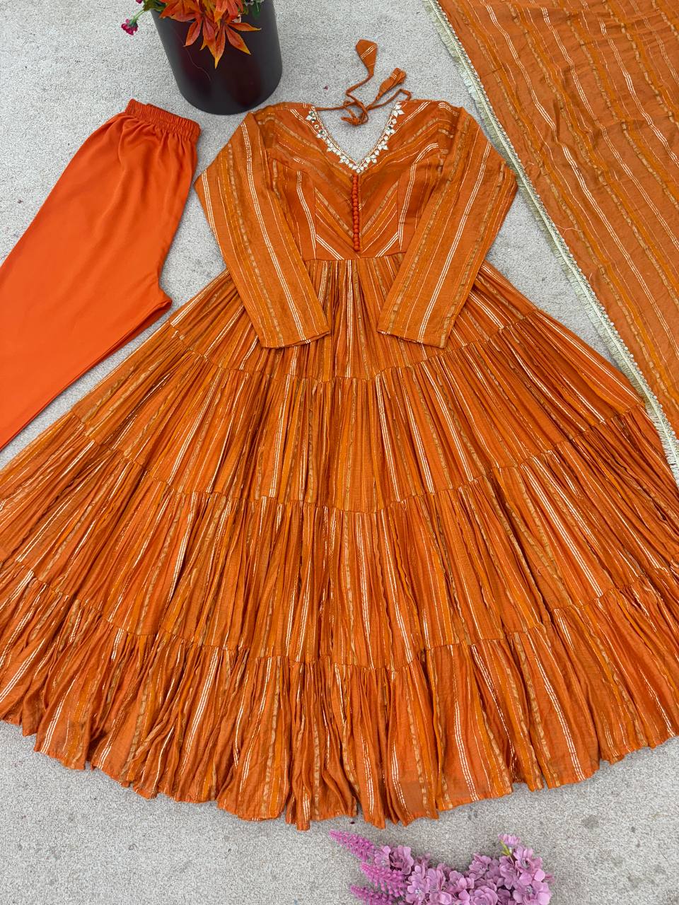 Orange Designer Mal Chanderi Mirror Work Ruffle Gown and Dupatta