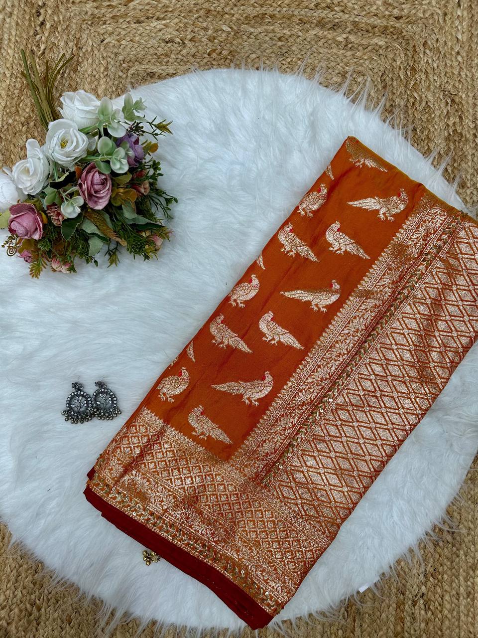 Orange Designer Soft Silk Weaving Saree and Valmoti Border Blouse