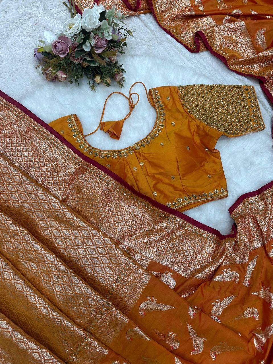 Orange Designer Soft Silk Weaving Saree and Valmoti Border Blouse