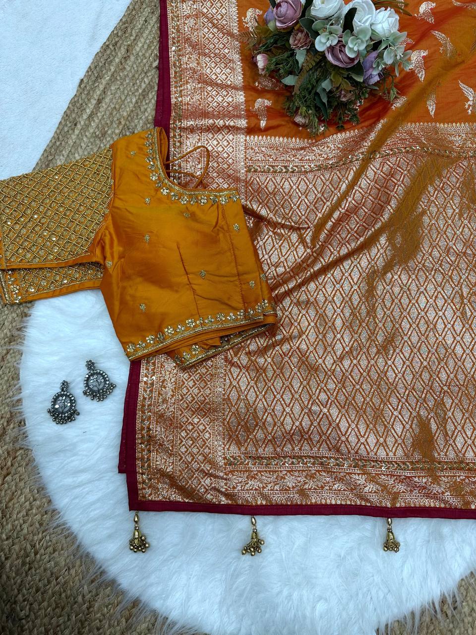 Orange Designer Soft Silk Weaving Saree and Valmoti Border Blouse