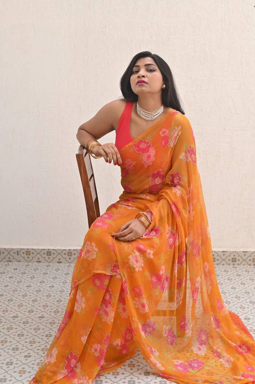 Orange Digital Georgette Pink Floral Flowers Printed Saree