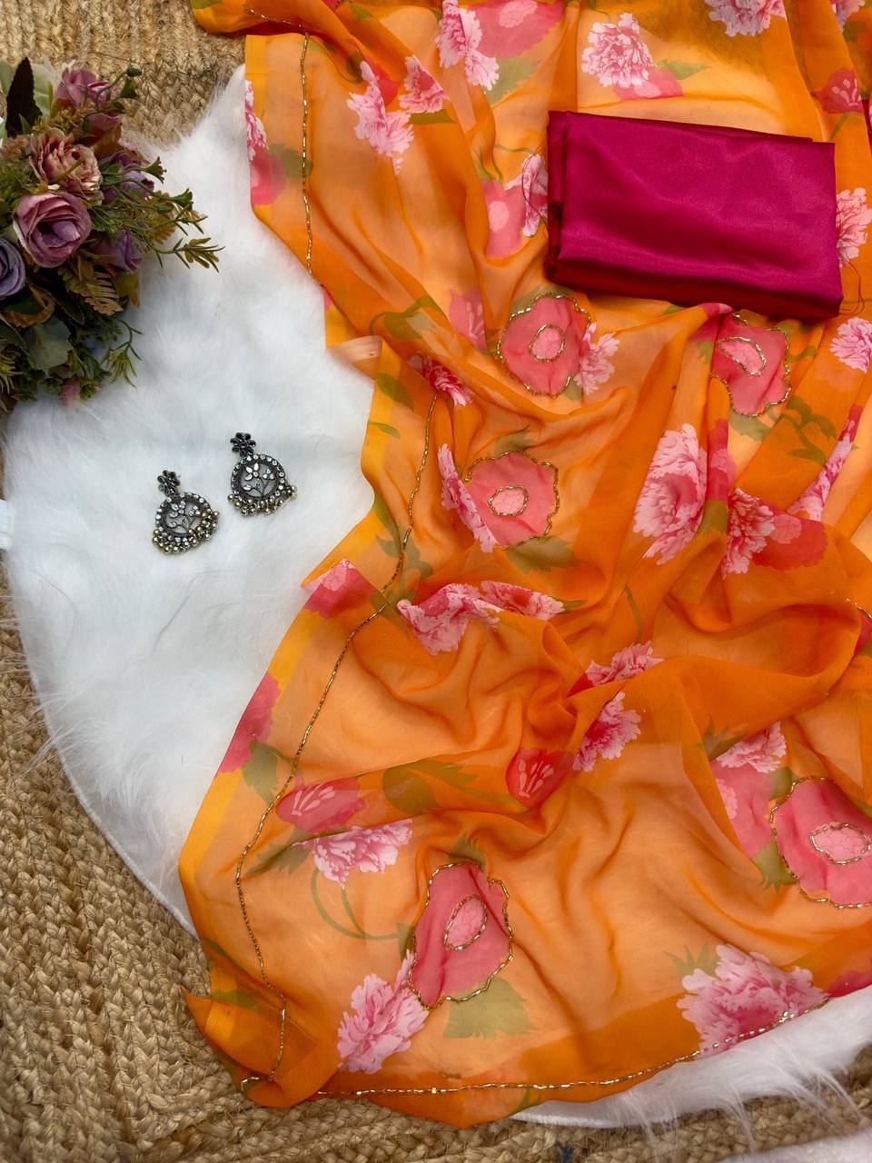 Orange Digital Georgette Pink Floral Flowers Printed Saree