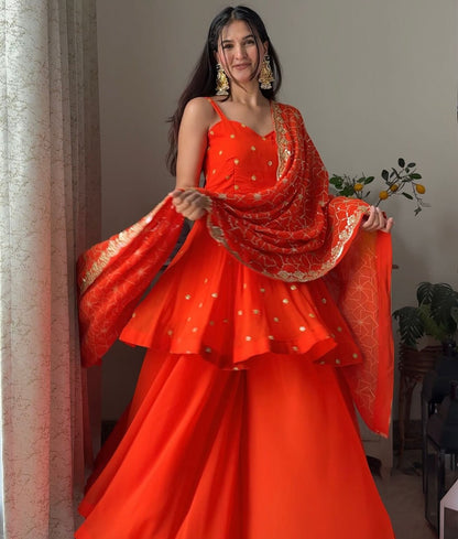 Orange Faux Georgette Thread & Sequin Embroidered Palazzo Set
