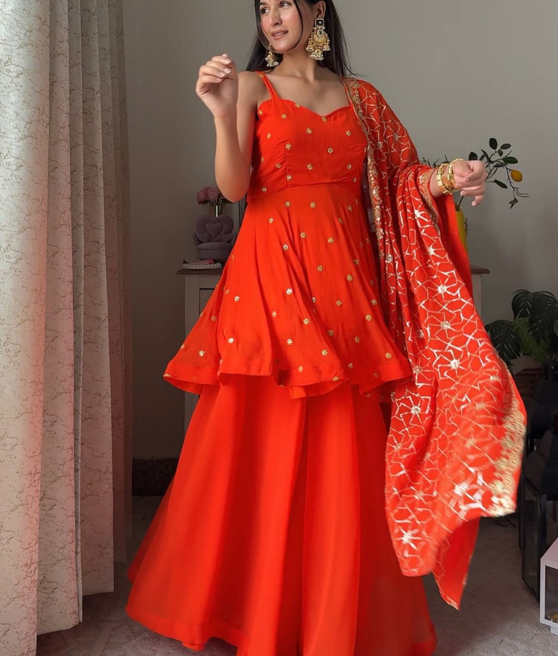Orange Faux Georgette Thread & Sequin Embroidered Palazzo Set