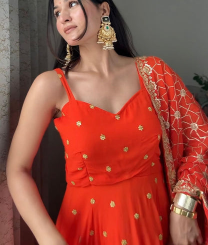 Orange Faux Georgette Thread & Sequin Embroidered Palazzo Set