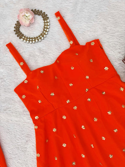 Orange Faux Georgette Thread & Sequin Embroidered Palazzo Set