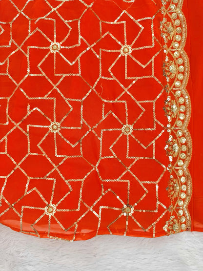 Orange Faux Georgette Thread & Sequin Embroidered Palazzo Set