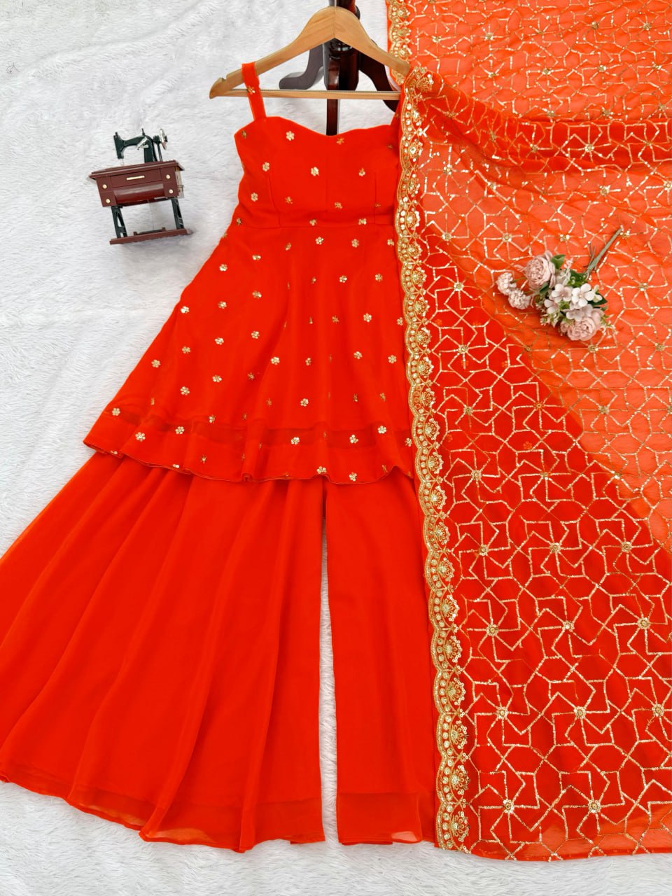 Orange Faux Georgette Thread & Sequin Embroidered Palazzo Set