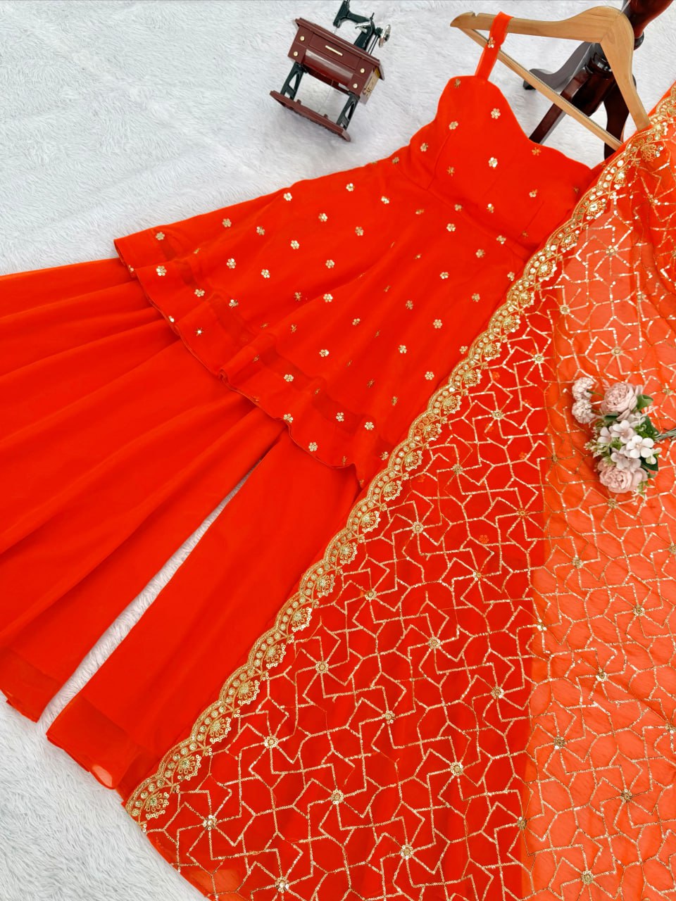 Orange Faux Georgette Thread & Sequin Embroidered Palazzo Set