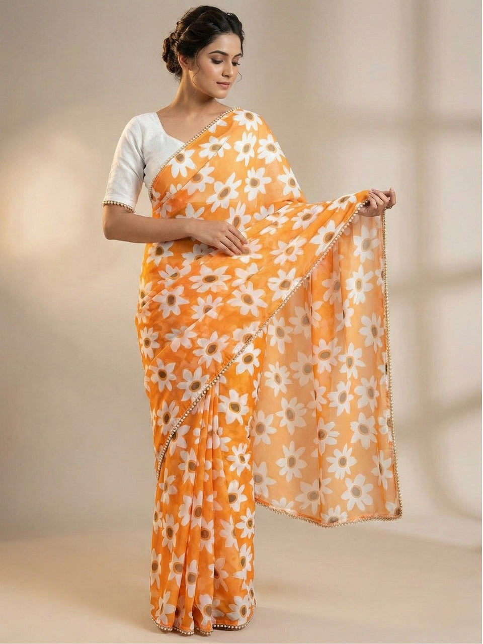 Orange Georgette Digital Print Saree with Moti Lace Border & Blouse