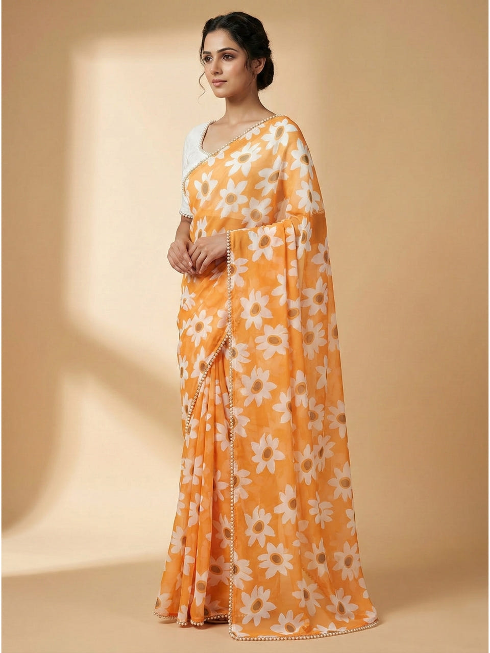 Orange Georgette Digital Print Saree with Moti Lace Border & Blouse