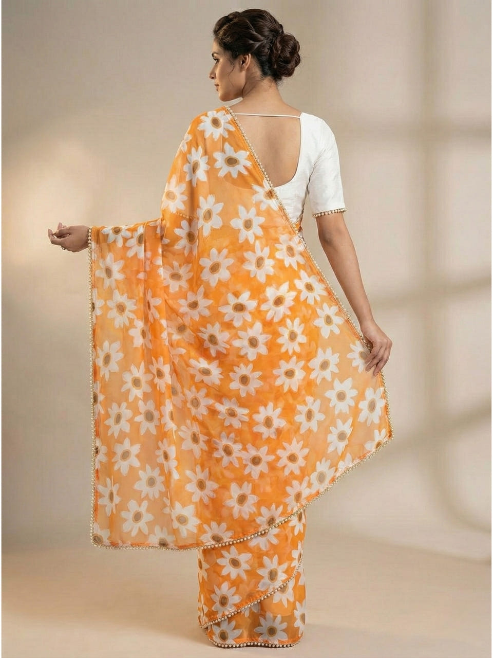 Orange Georgette Digital Print Saree with Moti Lace Border & Blouse