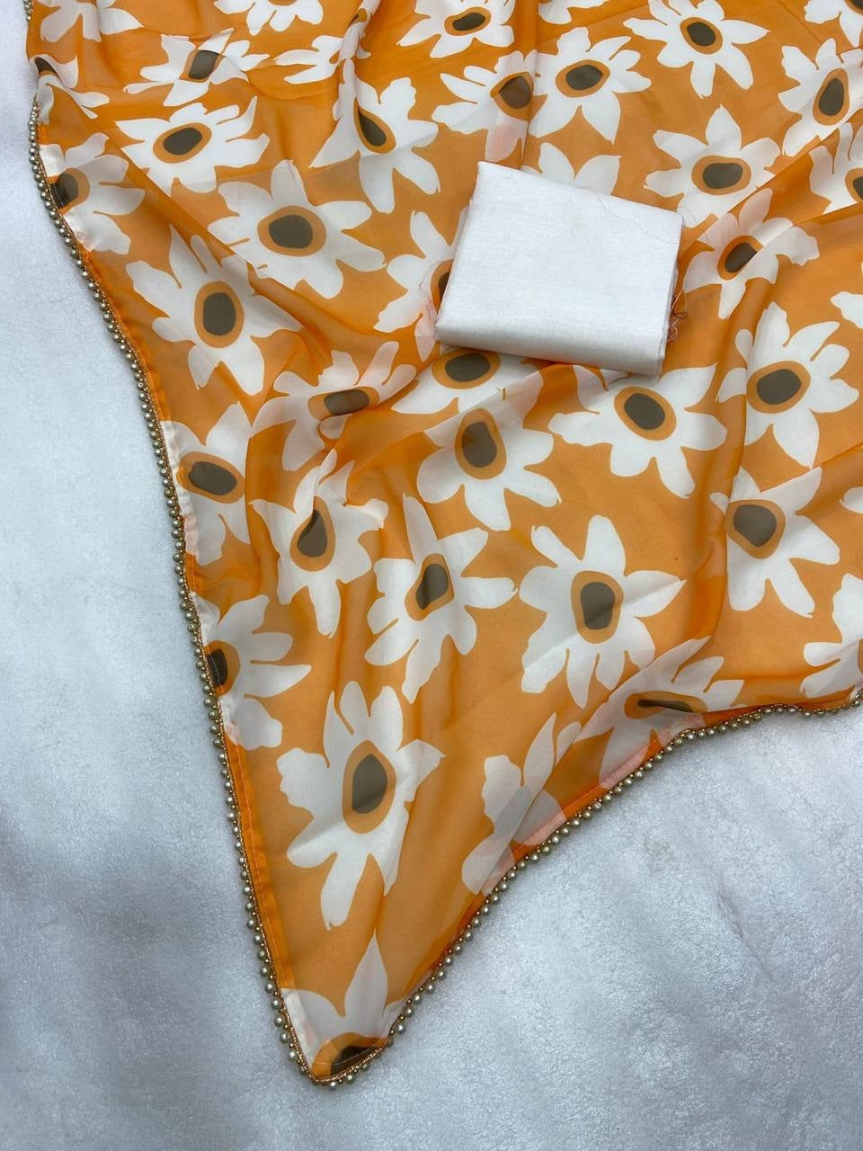 Orange Georgette Digital Print Saree with Moti Lace Border & Blouse