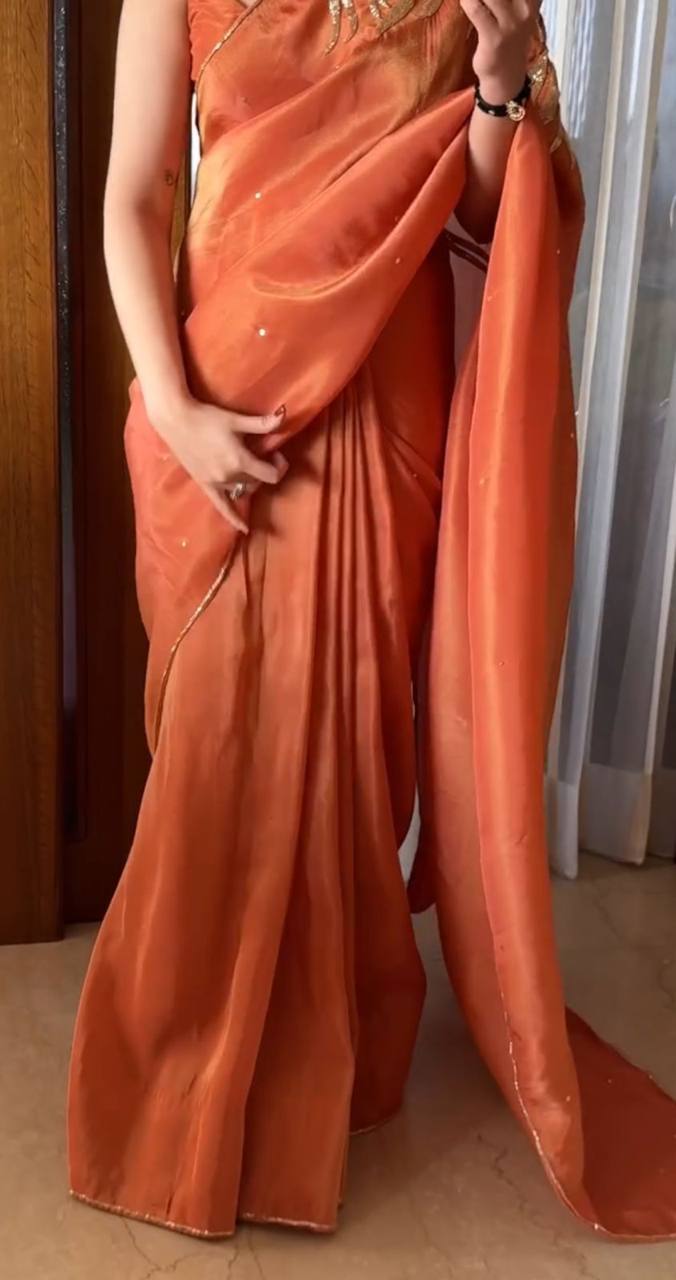 Orange Jimmy Choo Satin Saree with Gold Handwork Border and Blouse