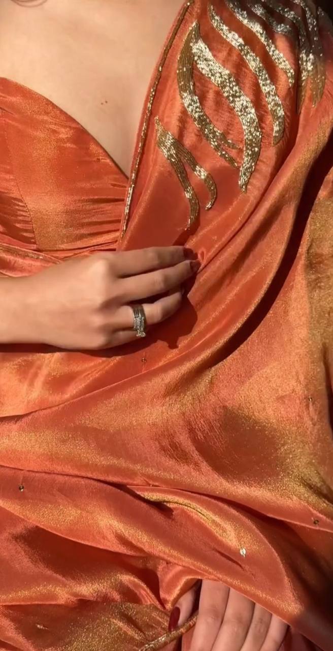 Orange Jimmy Choo Satin Saree with Gold Handwork Border and Blouse