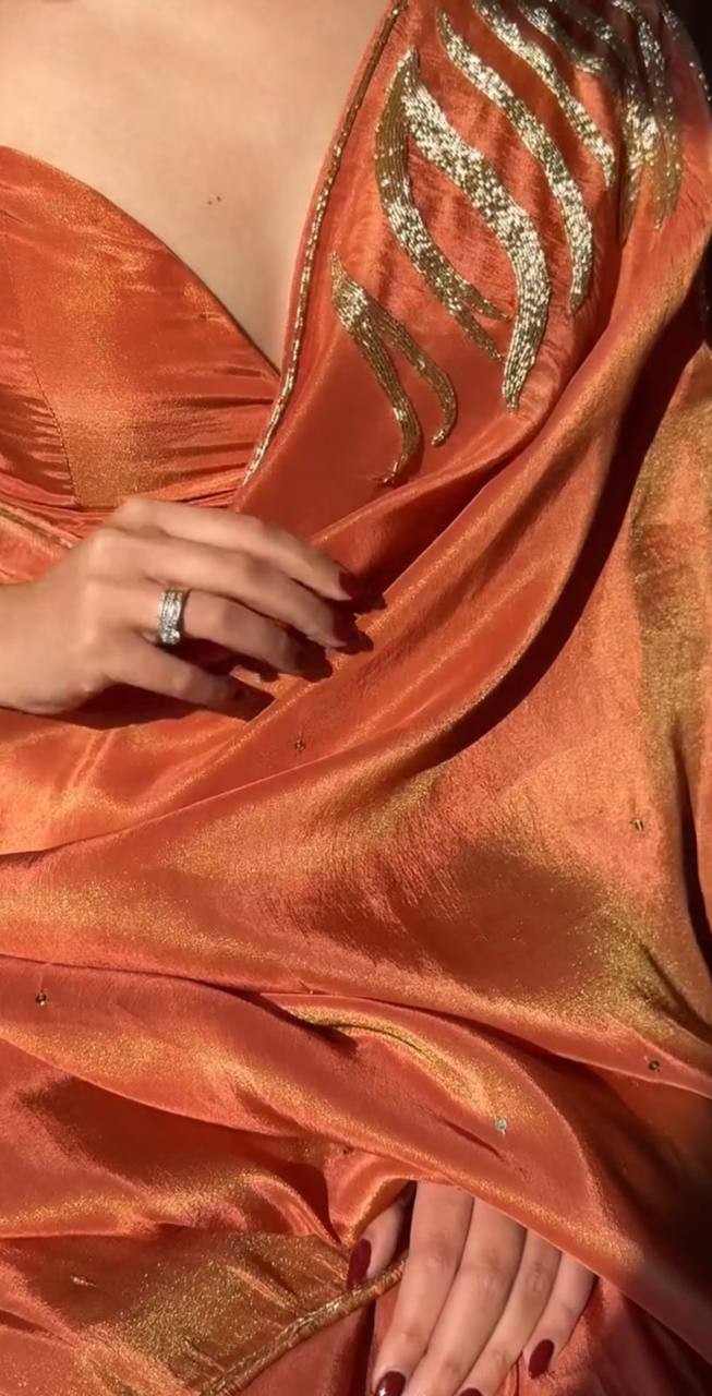 Orange Jimmy Choo Satin Saree with Gold Handwork Border and Blouse