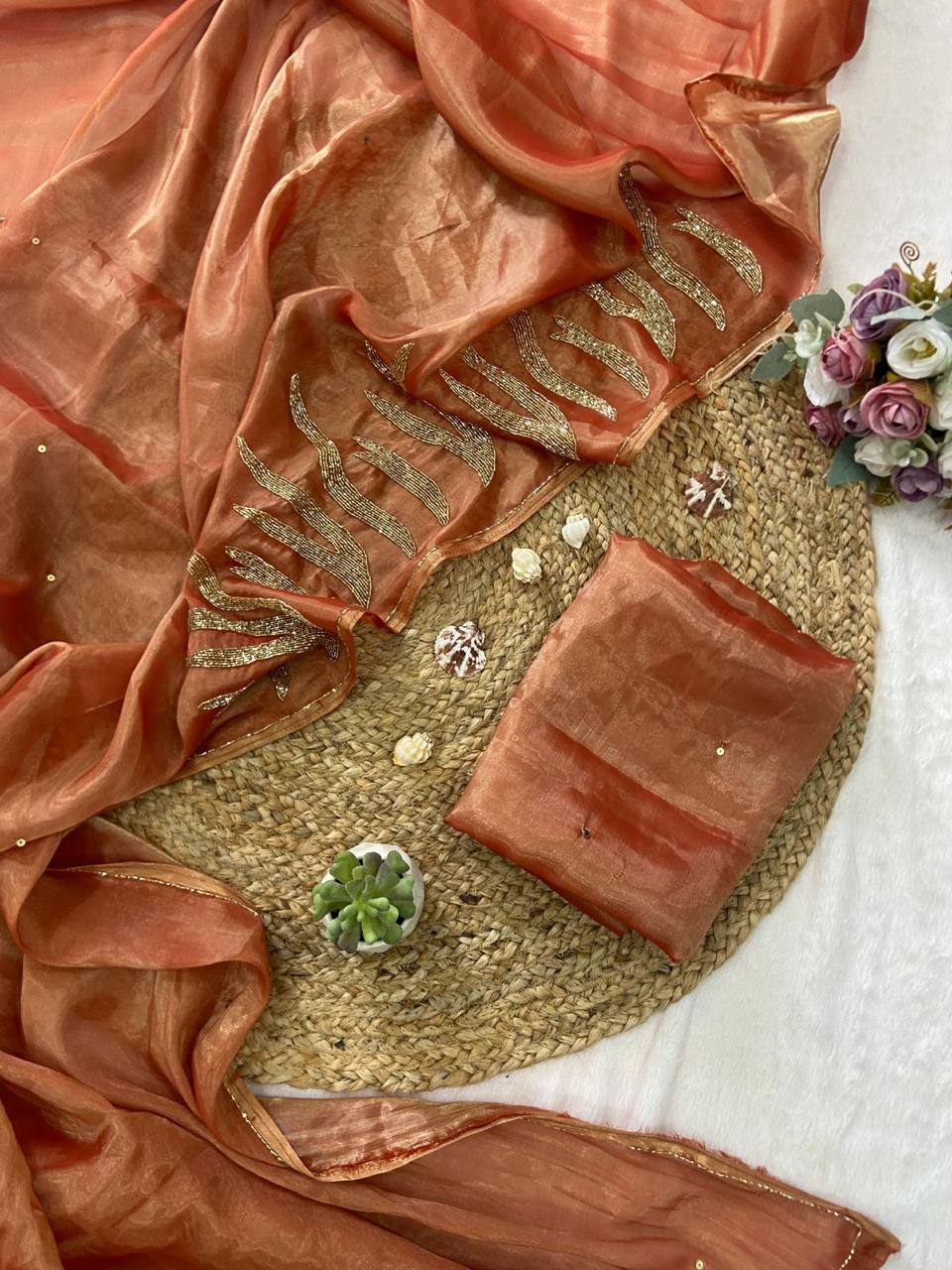 Orange Jimmy Choo Satin Saree with Gold Handwork Border and Blouse