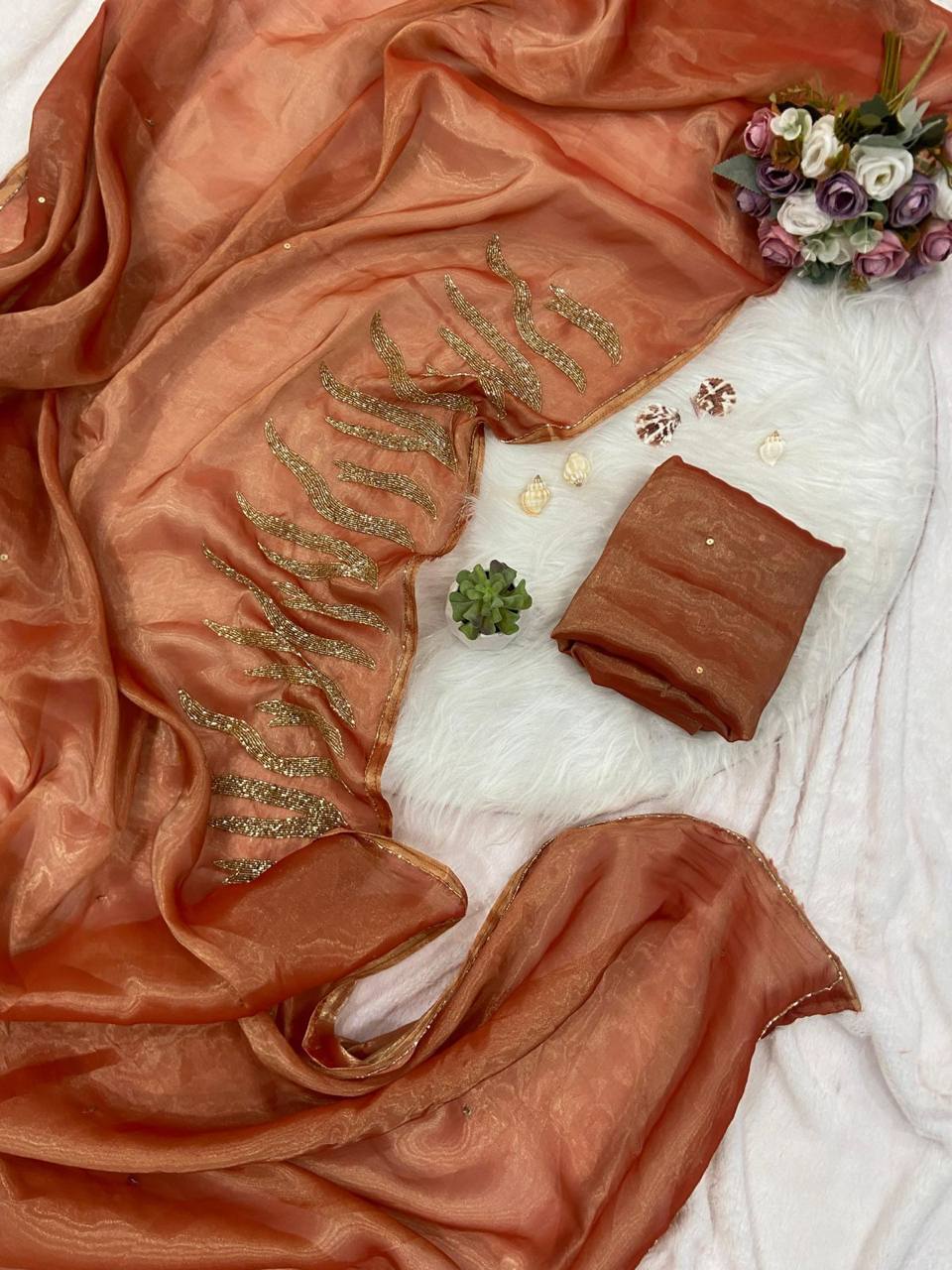 Orange Jimmy Choo Satin Saree with Gold Handwork Border and Blouse