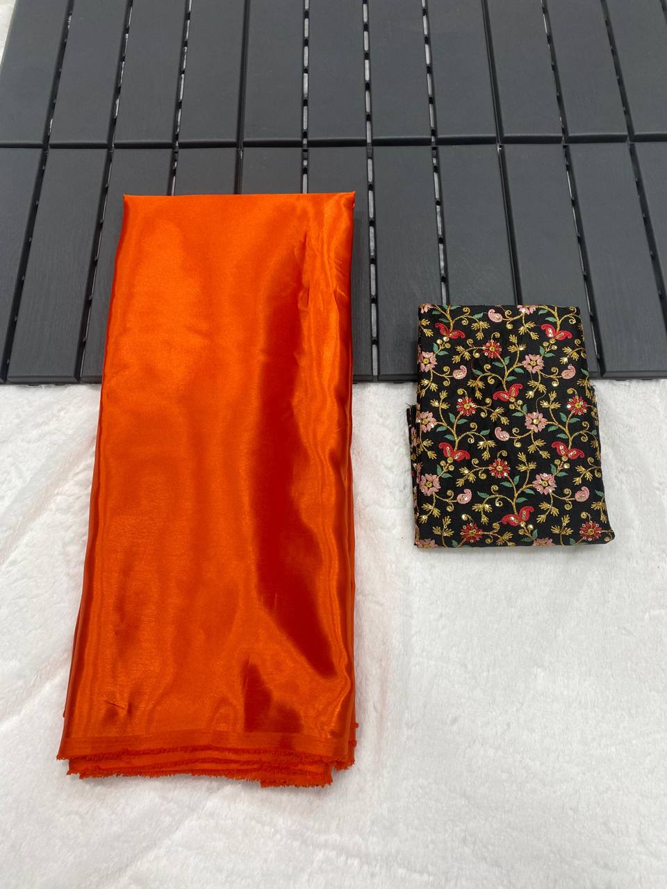 Orange Luxury Smooth Satin Saree with Designer Embroidery Blouse