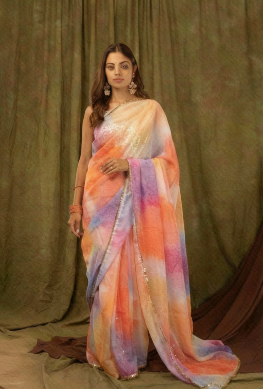 Orange Pure Khadi Organza Saree with Golden Banglori Blouse