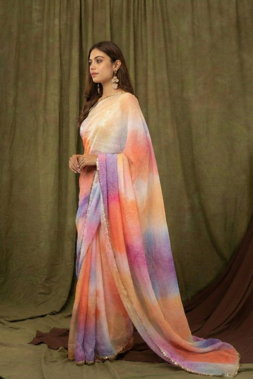 Orange Pure Khadi Organza Saree with Golden Banglori Blouse