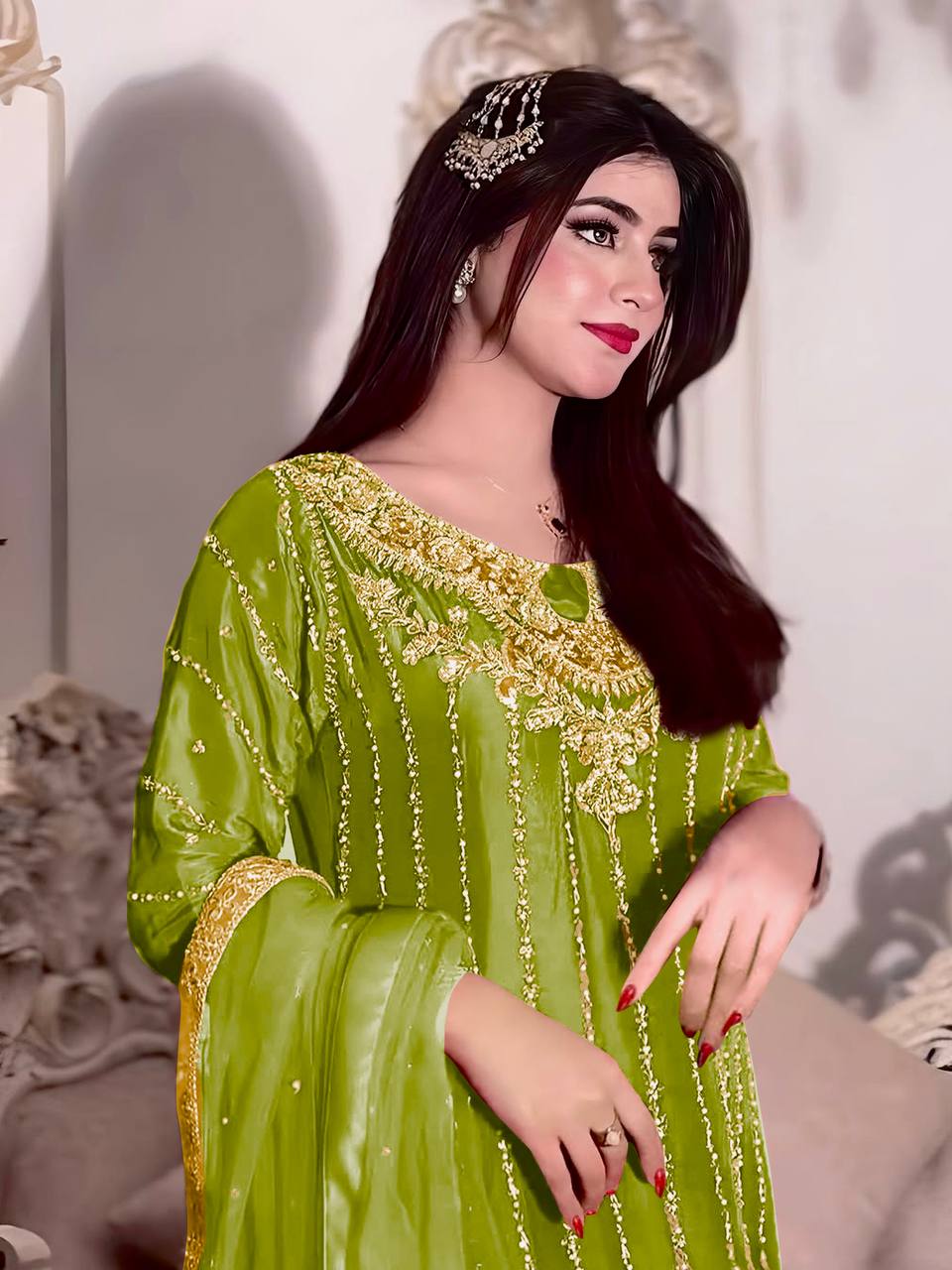 Parrot Green Designer Chinon Silk Plazzo Top and Dupatta For Party Wear