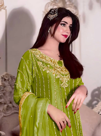 Parrot Green Designer Chinon Silk Plazzo Top and Dupatta For Party Wear