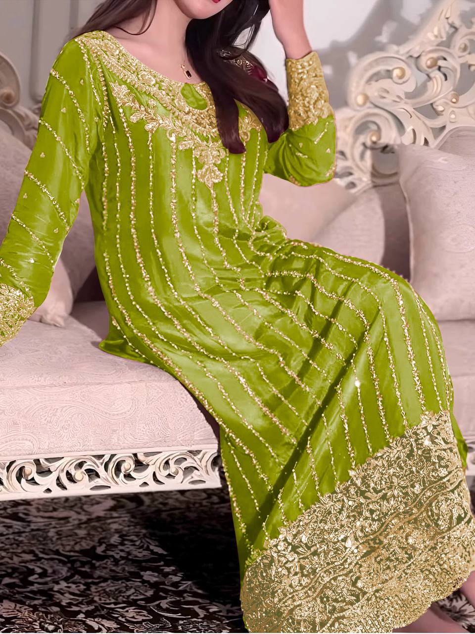 Parrot Green Designer Chinon Silk Plazzo Top and Dupatta For Party Wear