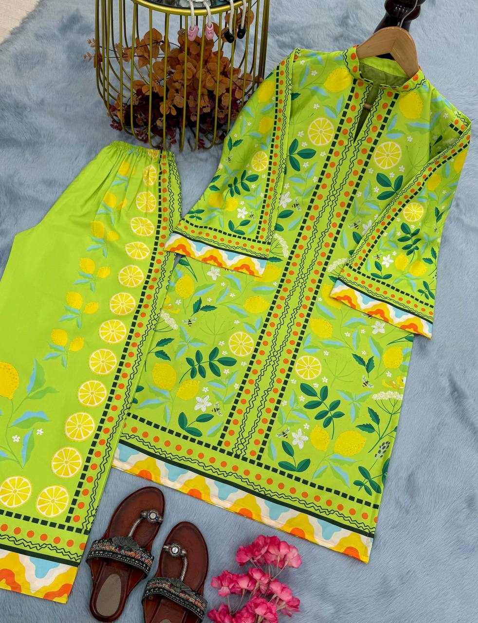 Parrot Green Designer Natural Crepe Plazzo and Top For Party Wear