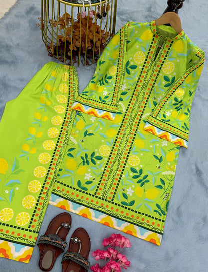 Parrot Green Designer Natural Crepe Plazzo and Top For Party Wear