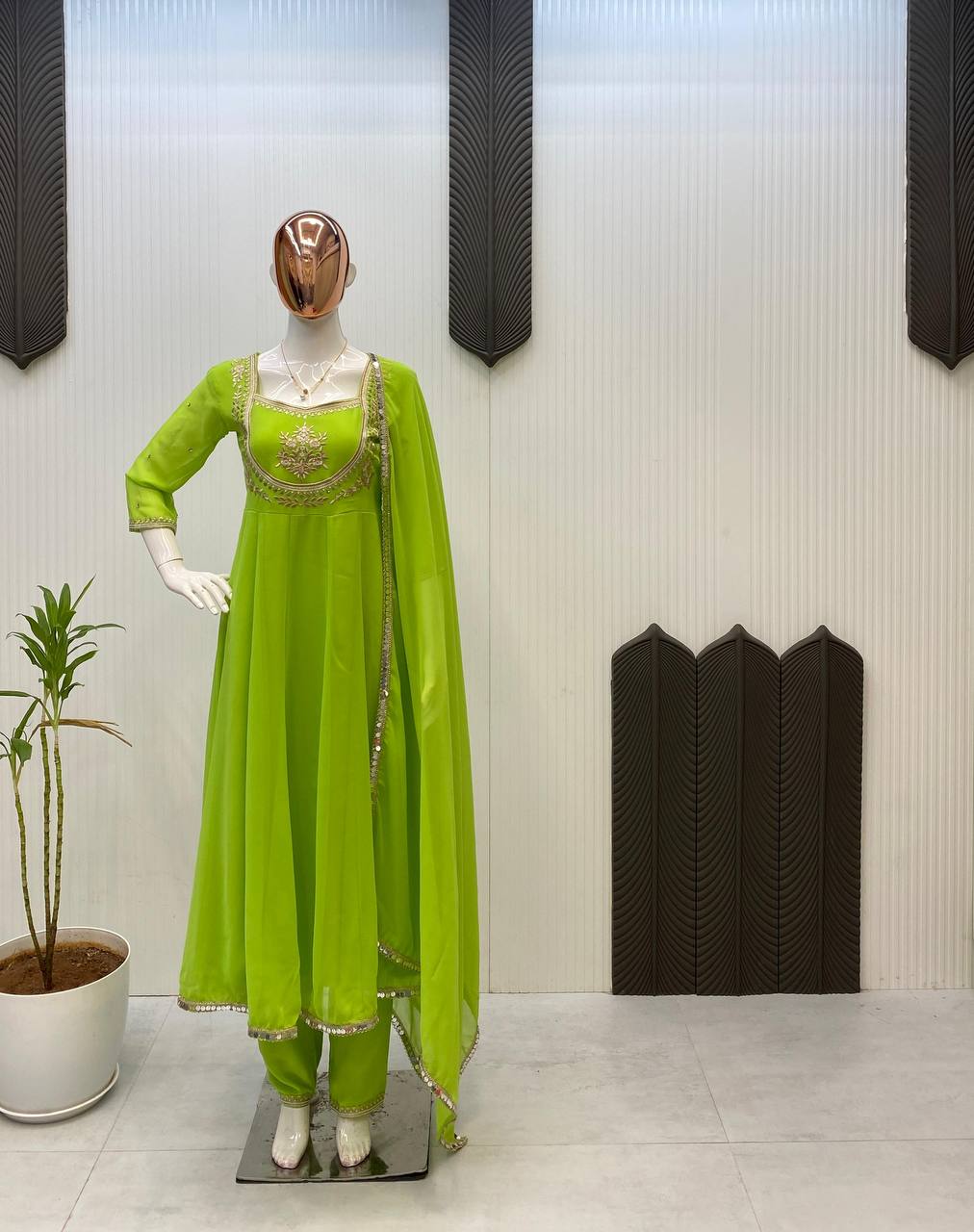 Parrot Green Gown & Pant Set with Sequence Embroidery and Lace Border Dupatta