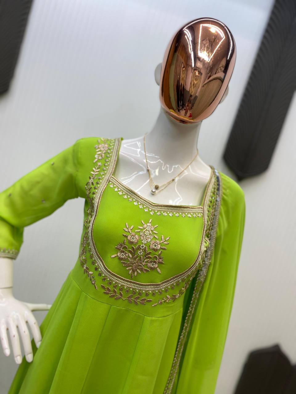 Parrot Green Gown & Pant Set with Sequence Embroidery and Lace Border Dupatta