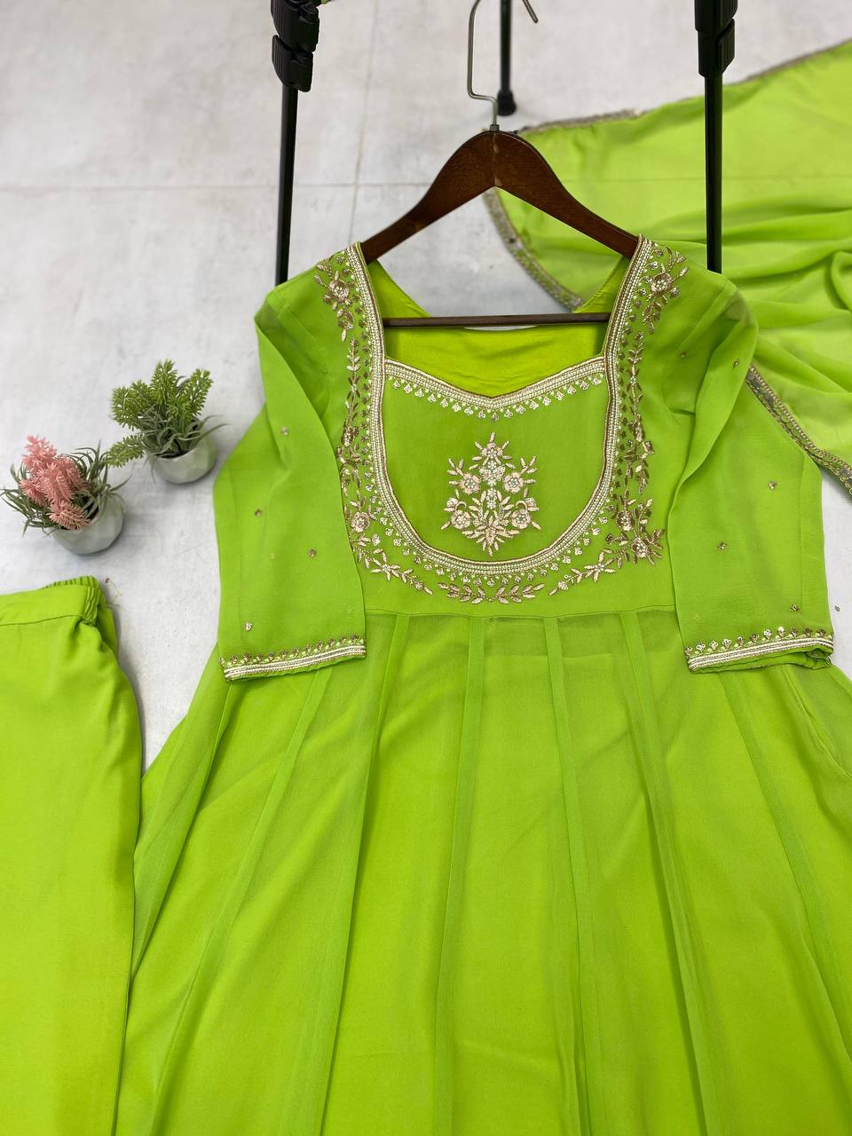Parrot Green Gown & Pant Set with Sequence Embroidery and Lace Border Dupatta
