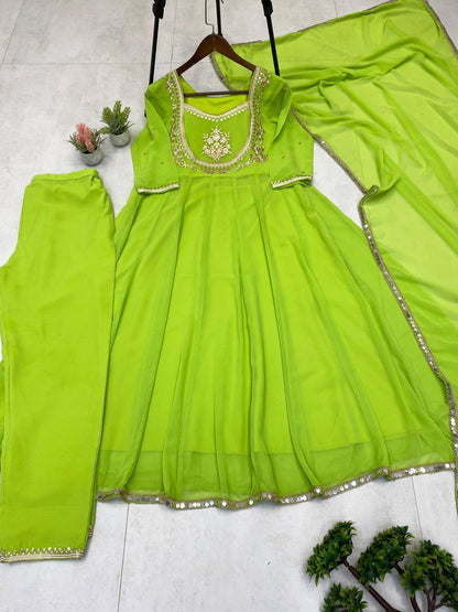 Parrot Green Gown & Pant Set with Sequence Embroidery and Lace Border Dupatta