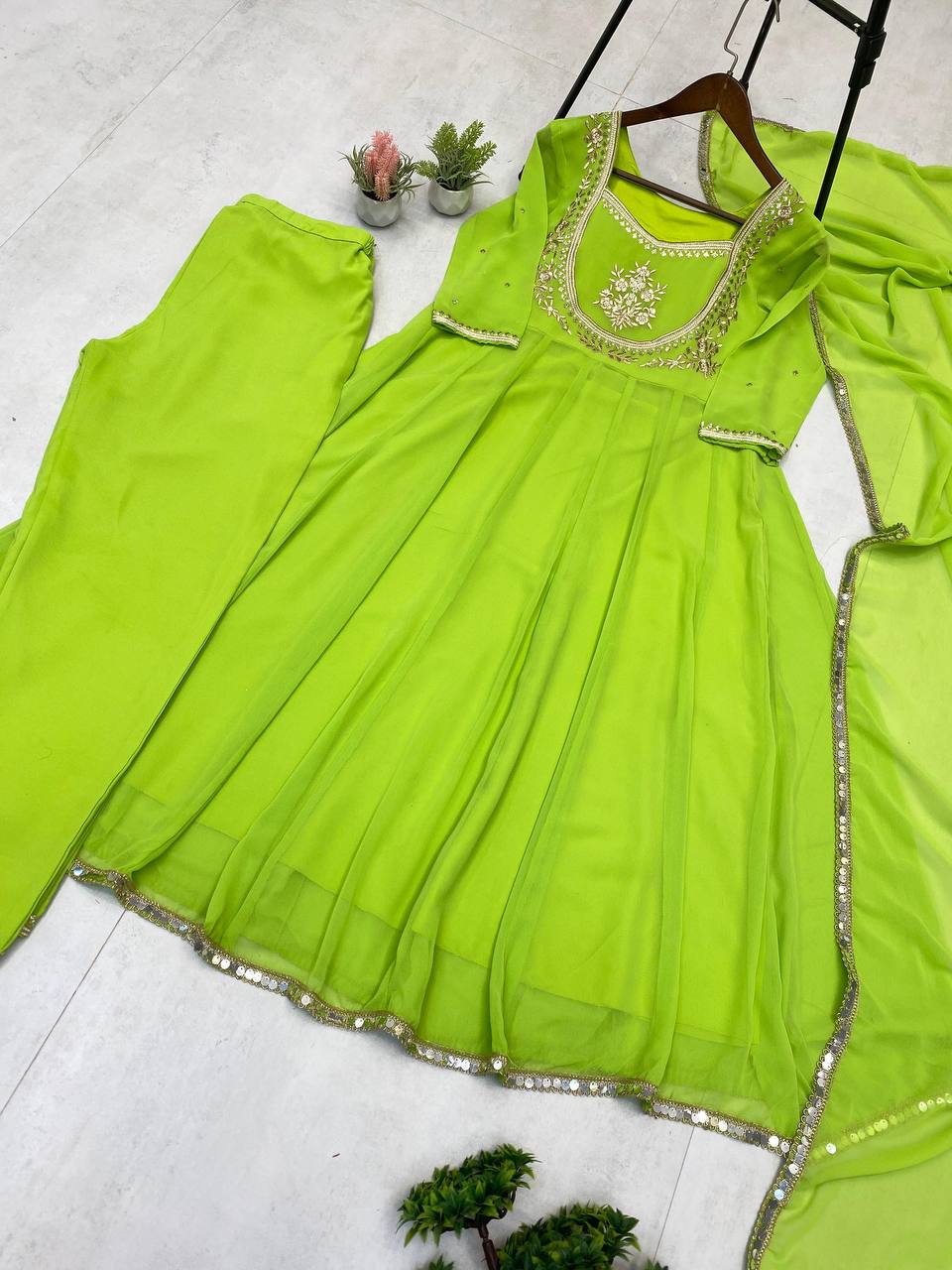 Parrot Green Gown & Pant Set with Sequence Embroidery and Lace Border Dupatta