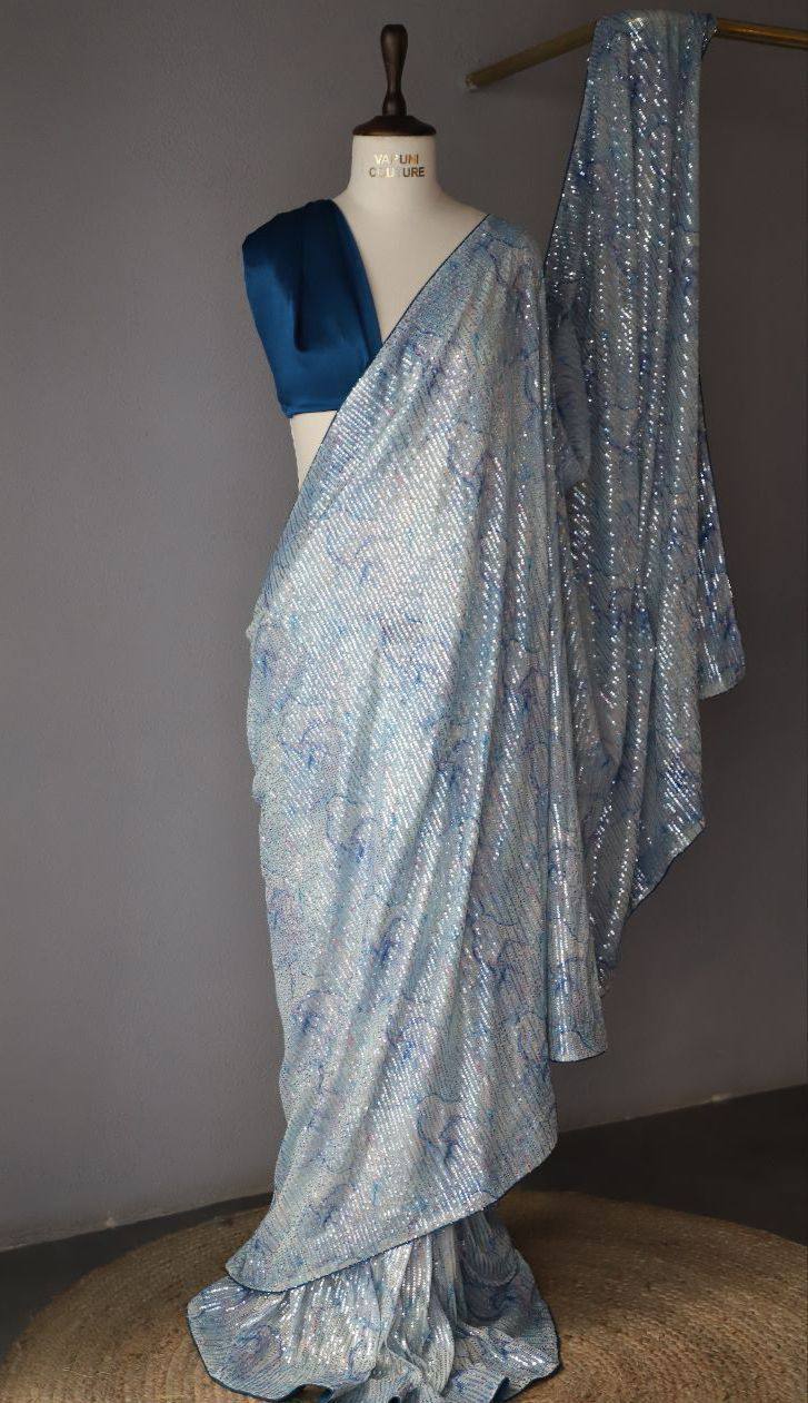 Pastel Blue Georgette Digital Print Saree with Full Sequins Border